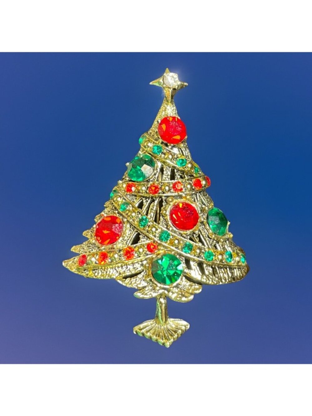 Vtg Signed Hollycraft Christmas Tree Brooch Pin Green Red Rhinestone Gold-tone